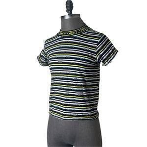Obey striped mock neck fitted 100% cotton logo print short sleeve shirt Large